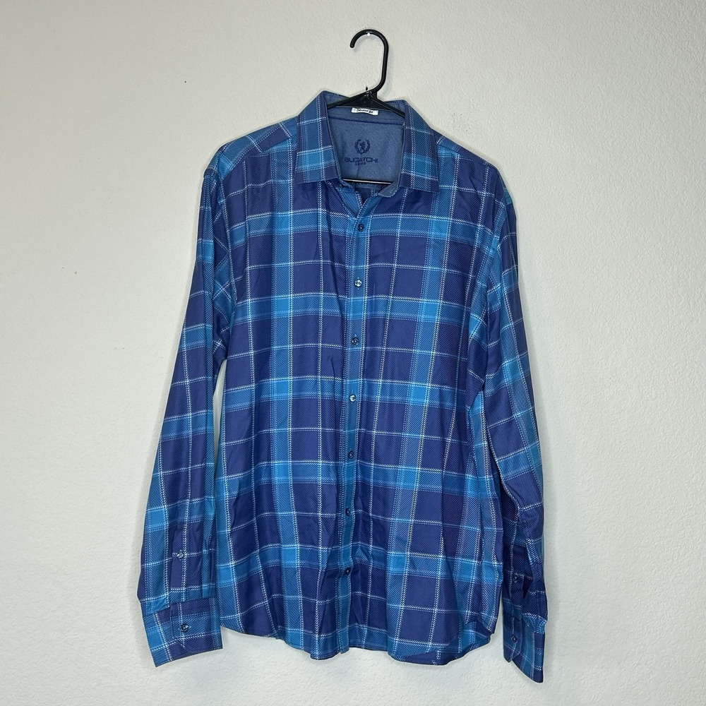 Bugatchi Shaped Fit Long Sleeve Button Up Plaid Two Ton Blue Shirt Men's Size XL